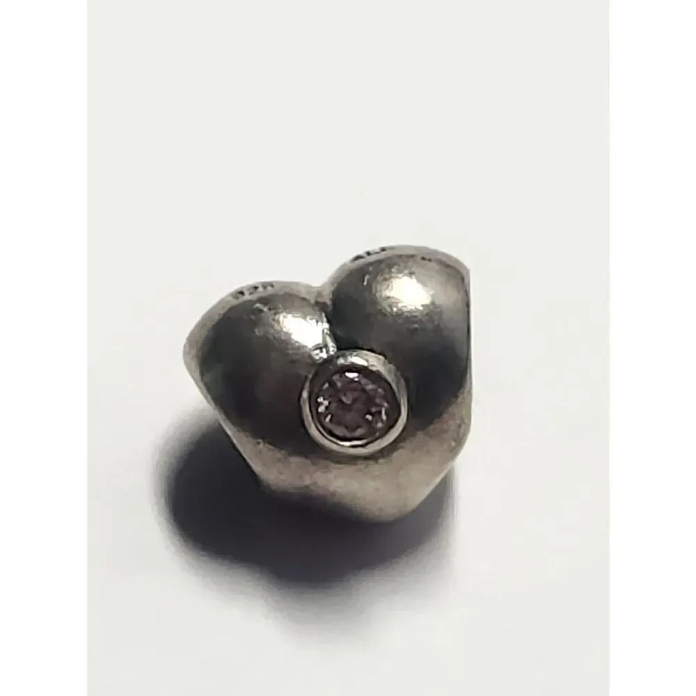 Authentic Retired Pandora Silver Heart Charm with Round Pink Stone 925 ALE